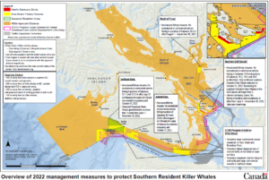 A map of the Salish Sea and details of the 2022 Southern Resident Killer Whale protection measures for boaters