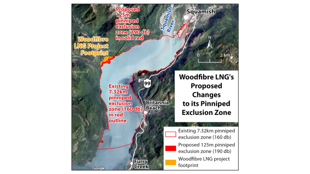 Map of Howesound showing the changes requested by WoodFibre LNG