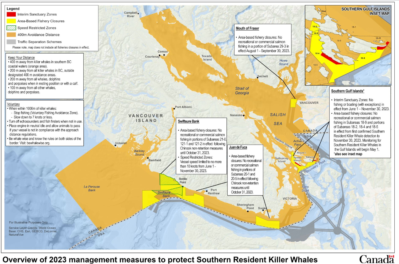 A map of the Salish Sea and details of the 2023 Southern Resident Killer Whale protection measures for boaters