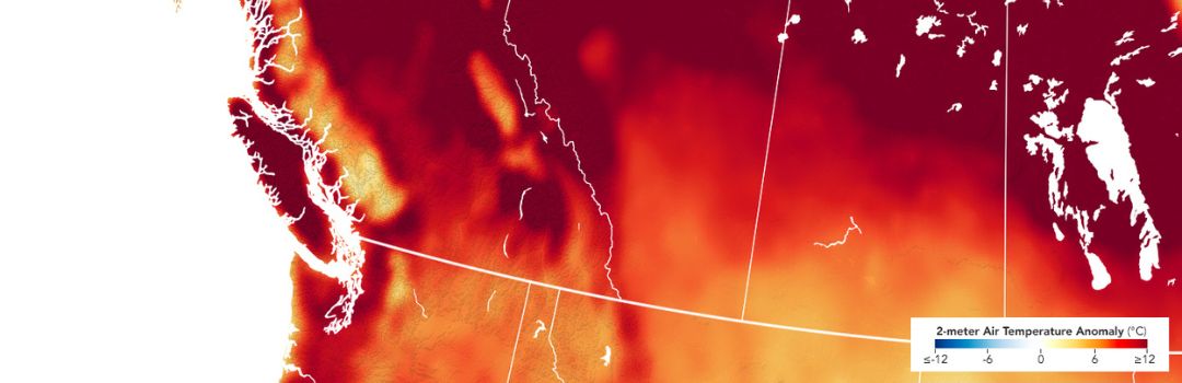 Record-breaking heat stifled western U.S. states and Canadian provinces - May 18, 2023. NASA Earth Observatory image by Lauren Dauphin.