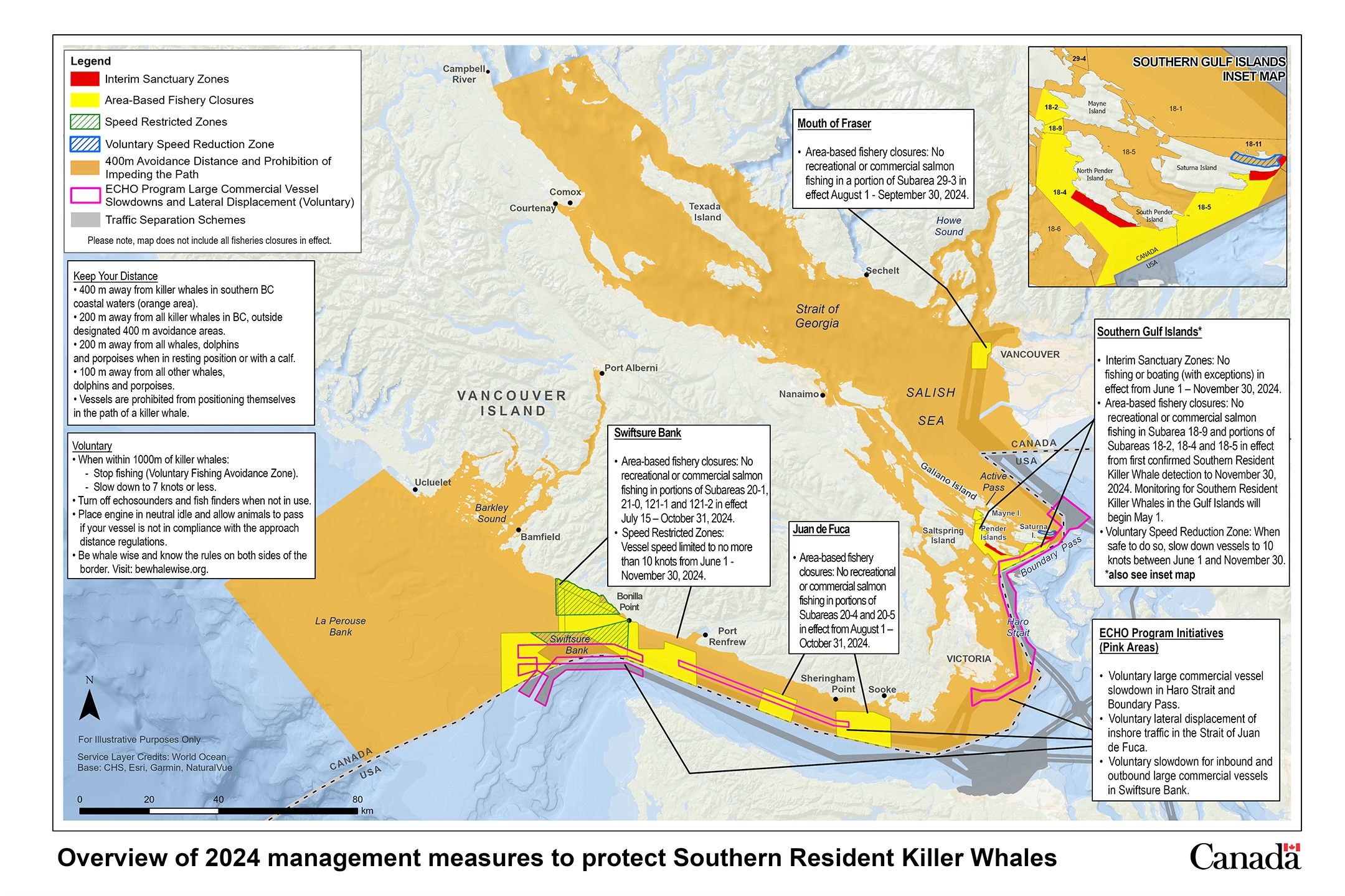 A map of the Salish Sea and details of the 2024 Southern Resident Killer Whale protection measures for boaters