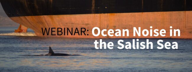 Orca swimming close to a large ship with text overlay: Webinar - Ocean Noise in the Salish sea