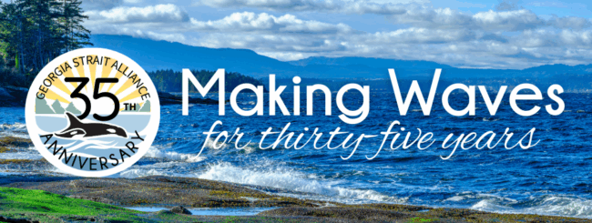 "Making waves for thirty five years as the text" with GSA's new 35 anniversary logo with the Salish Sea in the background.