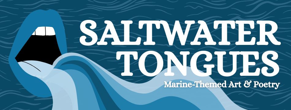 Saltwater tongues graphic with blue mouth and waves coming out of it